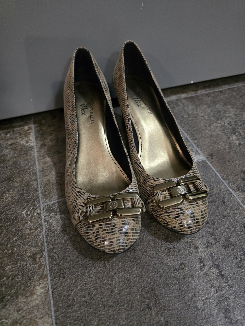 Anne Klein Brown Snakeskin-Print Ballet Flats with Gold Buckle